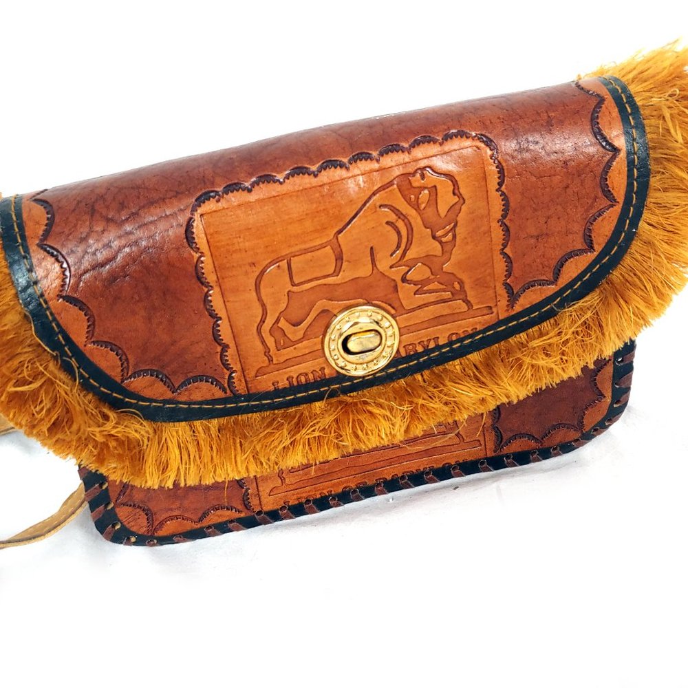 Hand tooled leather brown crossbody bag w/ fringe - Picture 5 of 7